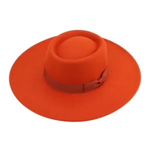 Sombrero fieltro ala ancha naranja estilo británico sombrero fedora plano retro mujeres hombres moda.