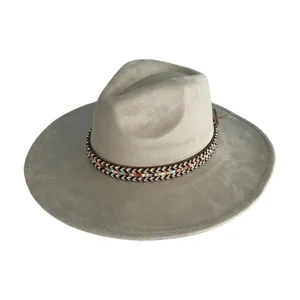 Vintage grey suede wide brim fedora hat for women men classic jazz cap with tribal band.