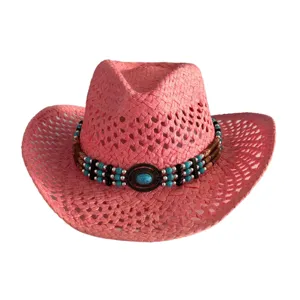 Chapeau de cowboy western rose en paille avec perles turquoise, chapeau de soleil d'été.