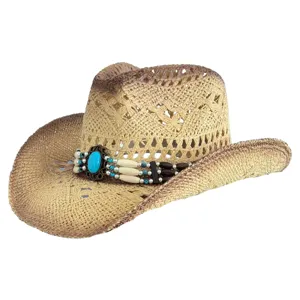 Bohemian western straw hat detail, featuring turquoise beaded band and retro gradient brim.