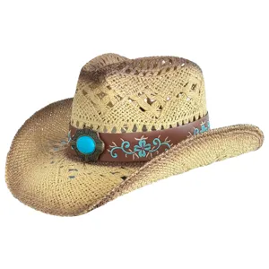 Vintage straw western cowboy hat with leather band and turquoise accent for summer beach.