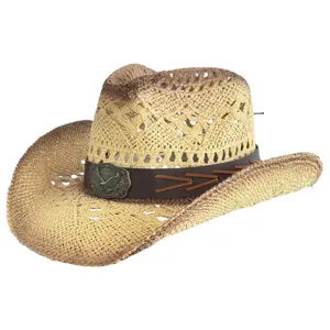 Woven straw western cowboy hat with leather band and metal eagle buckle for summer beach sun.