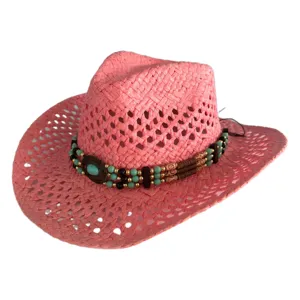 Chapeau de Cowboy de l'Ouest en Paille de Papier Rétro Ajouré pour Homme Femme Perlé Turquoise Chapeau de Soleil Plage Été Boho