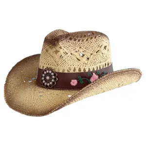 Vintage Paper Straw Western Cowboy Hat Unisex Hollow Out Summer Sun Beach Hat Wide Brim Adjustable Straw Fedora Hat For Travel Vacation
