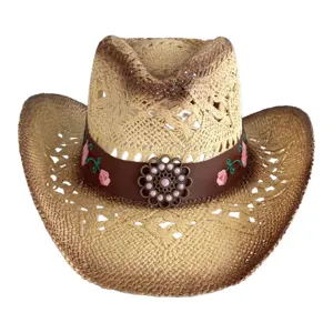 Vintage woven straw cowboy hat for summer outdoor vacation, breathable hollow sun beach hat