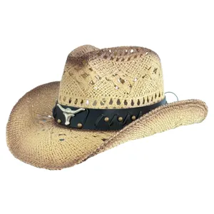 Vintage straw cowboy hat with gradient finish, leather band and metal bull skull decor.