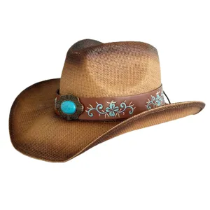 Chapeau de Paille Cowboy Western Rétro Avec Ruban en Similicuir Turquoise Large Bord Chapeau de Soleil en Paille de Papier pour Hommes Femmes Plage Protection Solaire