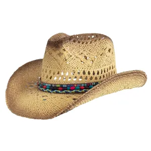 Close-up detail of the vintage hollow-out straw hat with colorful braided beaded band.
