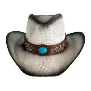 Chapeau de paille western ruban turquoise rétro pour homme femme chapeau de plage détail