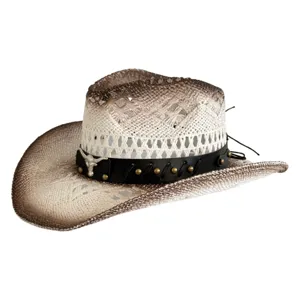 Gedetailleerd uitzicht op de gehaakte western cowboyhoed van stro met retro gradient.