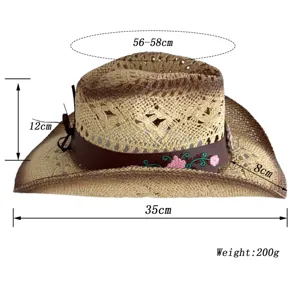 Retro straw western cowboy hat for men and women, hollow summer sun hat with floral ribbon.