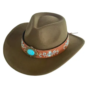 Chapeau de cowboy occidental en feutre de laine rétro pour homme et femme avec bande turquoise.