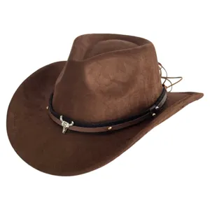Vintage brown suede western cowboy hat with metal bull skull decor wide brim fedora cap.