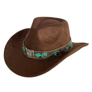 Brown suede western cowboy hat detail, showcasing turquoise embroidery band and metal buckle.
