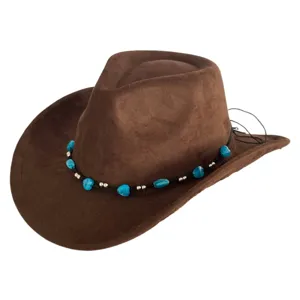 Close-up detail of brown suede western cowboy hat featuring turquoise beaded strap.