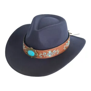 Chapeau de cowboy occidental bleu foncé en feutre avec bande en cuir turquoise et broderie.