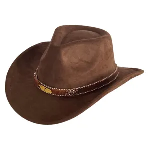 Brown suede western cowboy hat detail, featuring a stylish braided band and gold feather.
