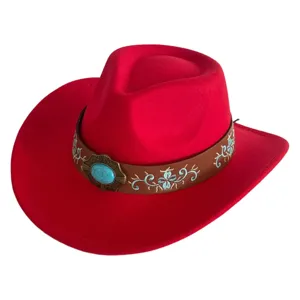 Chapeau de cow-boy western en feutre rouge avec bande marron brodée turquoise, chapeau jazz rétro.