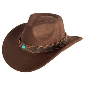 Retro brown suede western cowboy hat with braided leather band and turquoise detail for men women.