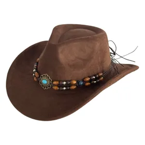 Retro brown suede western cowboy hat with wooden bead and turquoise stone decorative band