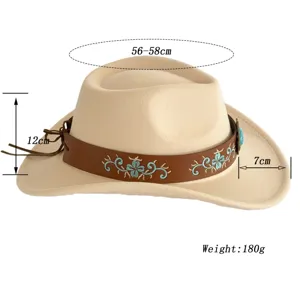Chapeau de cowboy occidental en feutre de laine avec bande en cuir et broderie.