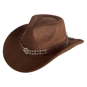 Close-up detail of the brown suede western cowboy hat featuring metallic studs and leather band.