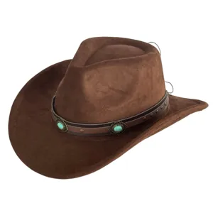 Brown suede western cowboy hat with vintage decorative belt and turquoise stones for men and women.