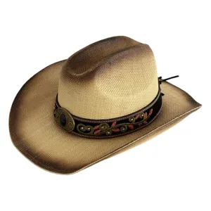 Close-up detail of vintage western cowboy straw hat with embroidered band and metal gemstone buckle.