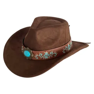 Retro brown suede western cowboy hat with turquoise buckle and floral embroidered band detail.