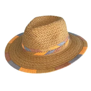 Colorblock Panama straw hat detail showing multi-color woven brim and band for summer.