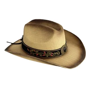 Vintage embroidered hatband straw hat, stylish western cowboy sun hat for summer.