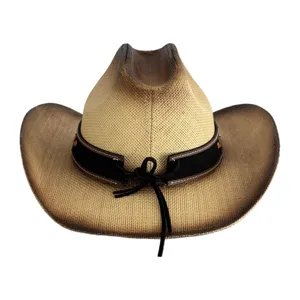 Retro Western cowboy straw hat detail, stylish summer sun hat with decorative black hat band.