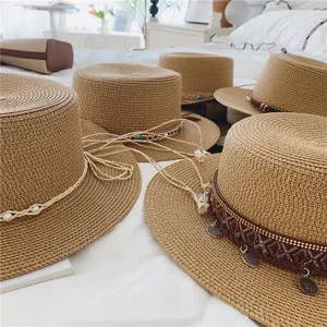Summer straw hat flat top boater hat ethnic style beach sun hat fashion women men vacation