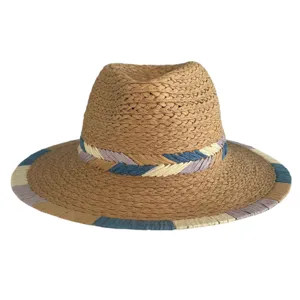 Women braided straw fedora hat summer beach sun protection panama hat with colorful woven ribbon.