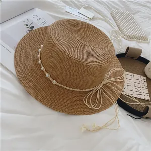 Women straw hat summer beach sun protection flat top fedora hat with pearl ribbon beachwear