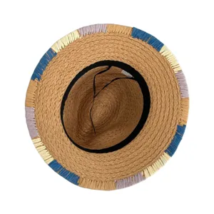 Women summer colorblock straw panama hat beach sun protection woven fedora hat vacation cap