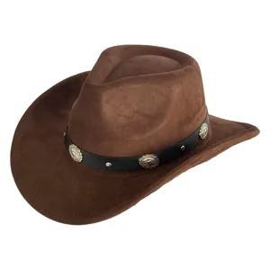 Brown suede western cowboy hat featuring black decorative metal buckle band, detailed view.