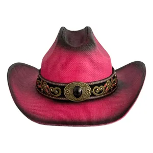 Pink gradient western cowboy straw hat with embroidered band and metal gemstone buckle detail.
