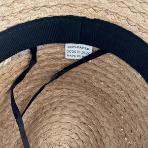 Summer women straw hat interior detail, breathable paper material, beach sun protection hat.