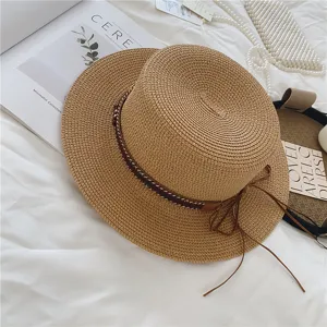 Straw hat for women summer beach sun protection flat top boater hat with braided rope band