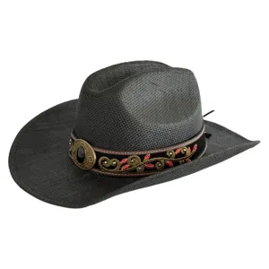 Retro straw western cowboy hat for men and women, featuring embroidered band and metal buckle.