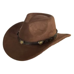 Detailed view of the brown vintage western cowboy hat with leather band and metal conchos.