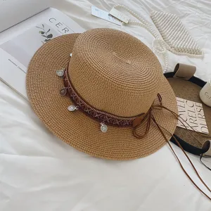 Ethnic style straw hat for women and men, flat top beach sun hat with bohemian band and tassels.