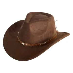 Retro brown suede western cowboy hat with metal star studded leather band for men and women