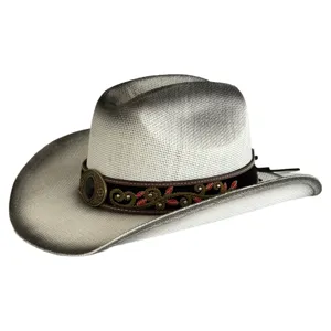Vintage western cowboy straw hat featuring gradient shading, exquisite embroidery band, and metal buckle.