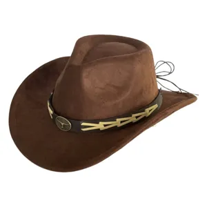 Close-up detail of the brown suede western cowboy hat with metal bull head emblem and band.