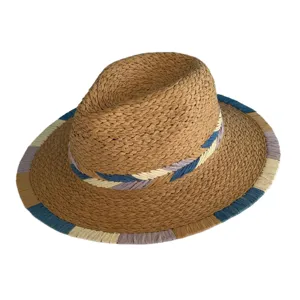 Chic Women Summer Beach Straw Hat Vacation Sun Hat Colorblock Woven Fedora Panama Cap