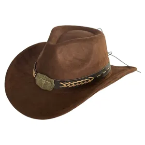 Retro Brown Suede Western Cowboy Hat with Bull Skull Buckle Wide Brim Fedora Cap for Unisex