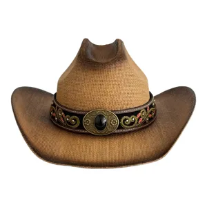 Retro straw hat western cowboy hat with detailed embroidered hatband and vintage buckle.