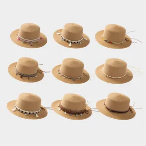 French Vintage Flat Top Straw Hat Ethnic Bohemian Wide Brim Panama Sun Hat with Shell Tassel Artificial Pearl Ribbon For Travel Beach Unisex